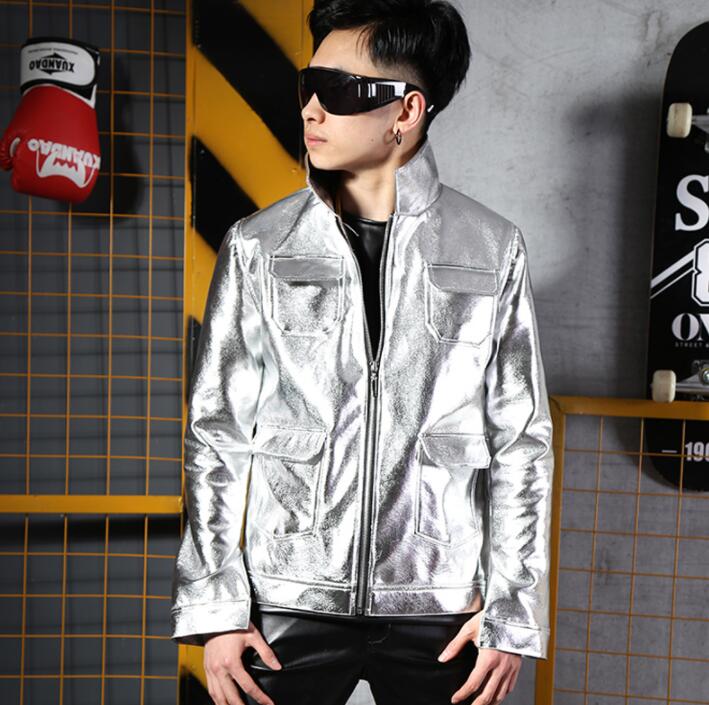 

Silver PU jacket men casual clothes mens jackets Cool leather coats Multi-pocket masculina chaqueta hombre casaco masculino