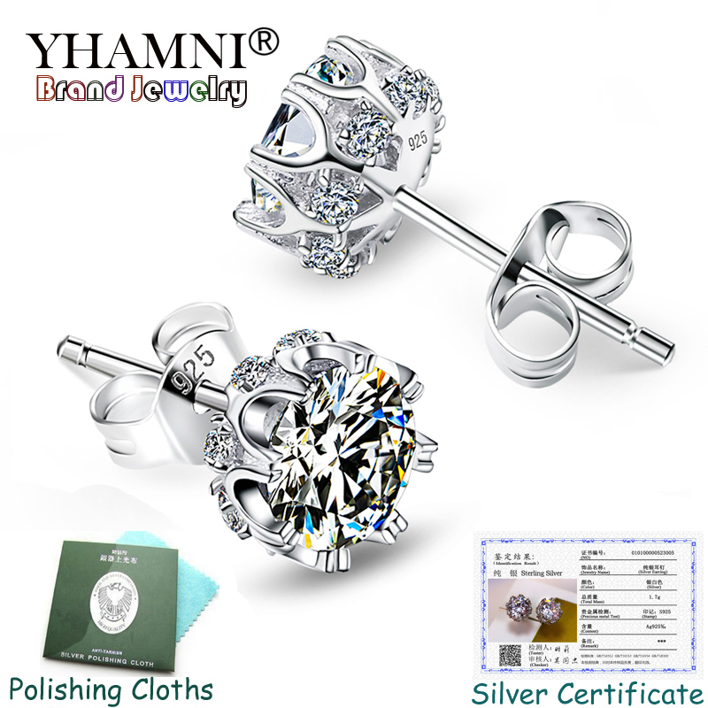 

Have Certificate! YHAMNI 100% Solid 925 Silver Stud Earrings High Quality 7mm Zirconia Stone Wedding Fine Earrings for Women SE005, Golden;silver