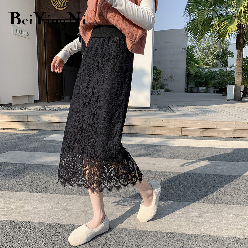 

Beiyingni Lace Hollow Out Elegant Midi Skirt Women Solid Black White High Elastic Waist A Line Skirts Simple Casual Saias Rokken