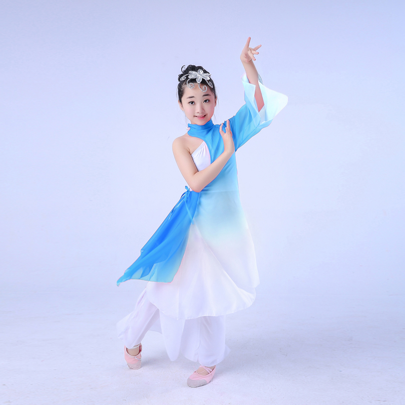 

Chinese style hanfu girl classical costume girl hmong fan dance yangko clothing ink dance stage performance costume
