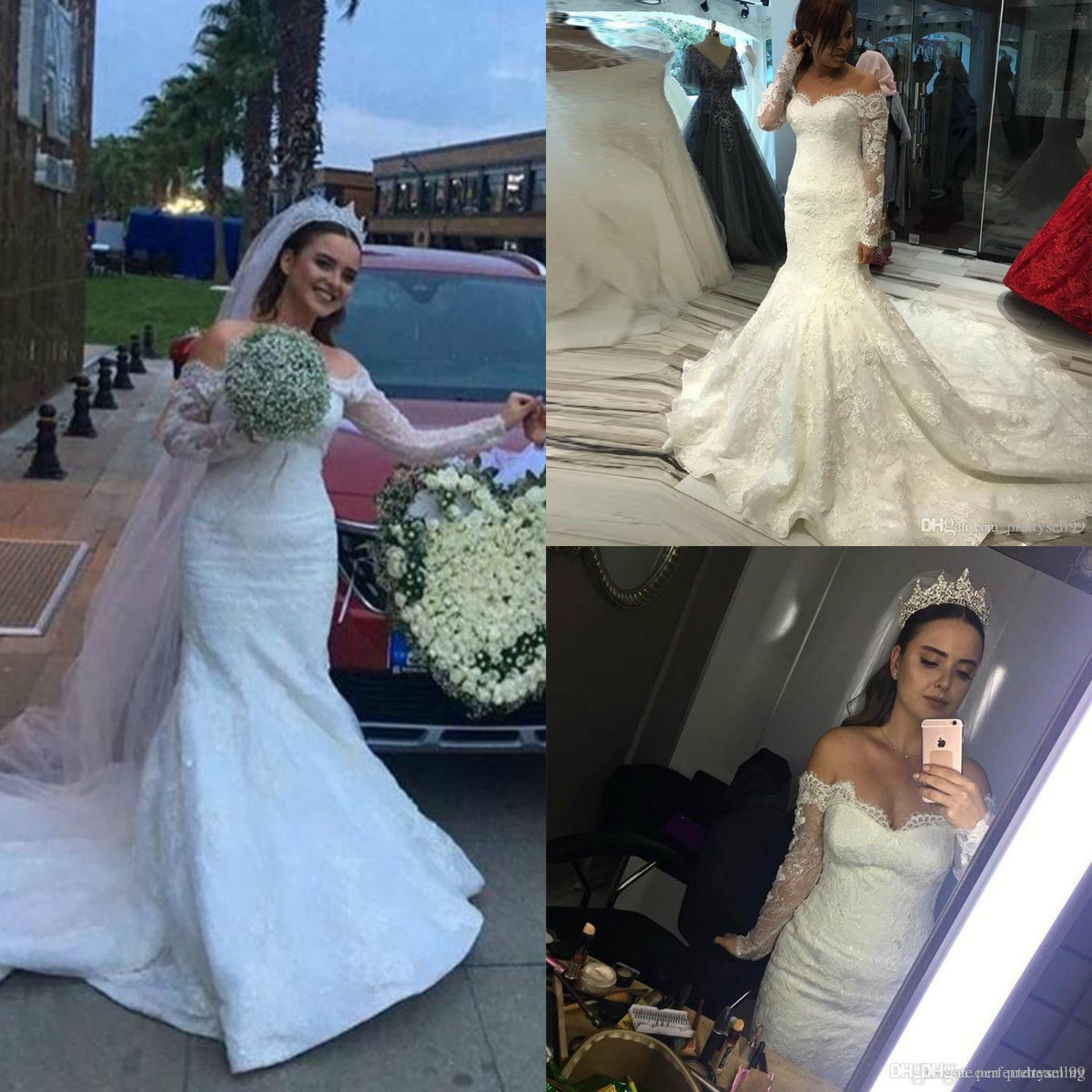 

Long Sleeves Lace Mermaid Wedding Dresses 2019 with Appliques Off Shoulder Court Train Tulle Country Bridal Gowns Custom Made Wedding Dress, Same as image