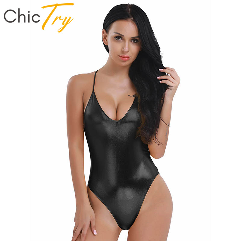 

Stage Wear ChicTry Women Shiny Patent Leather Ballet Leotard Adult Spaghetti Straps Gymnastics Sexy Bodysuit Dance Costume, Black