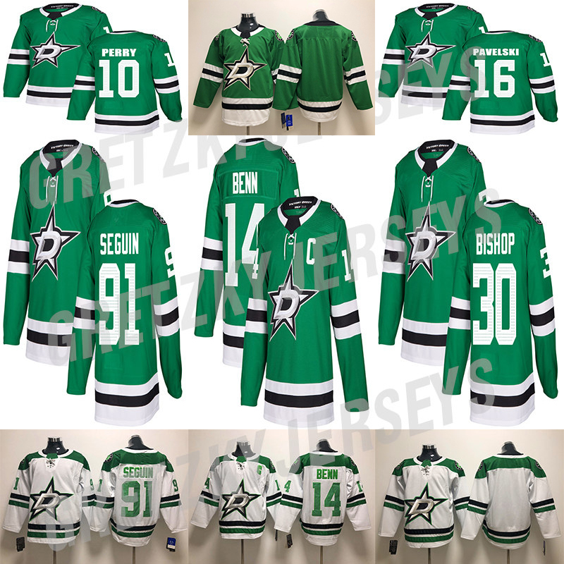 

Dallas Stars Jersey 16 Joe Pavelski 14 Jamie Benn 91 Tyler Seguin 30 Ben Bishop Green White Stitched Hockey Jerseys