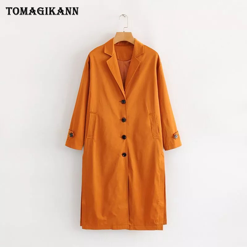 

Women Trench 2019 Casual Solid Split Pockets Thin Long Female Trench Single Breasted Notched Long Sleeve Cardigan Outerwears Top, As pic