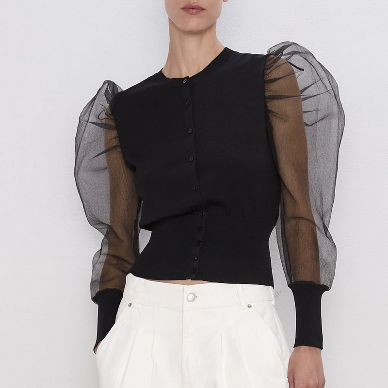 

Personality Women Tops Autumn 2019 New Fashion Sweater Body Patchwork Transparent Puff Sleeve Modern Lady Sweater Cardigan Wears, Black