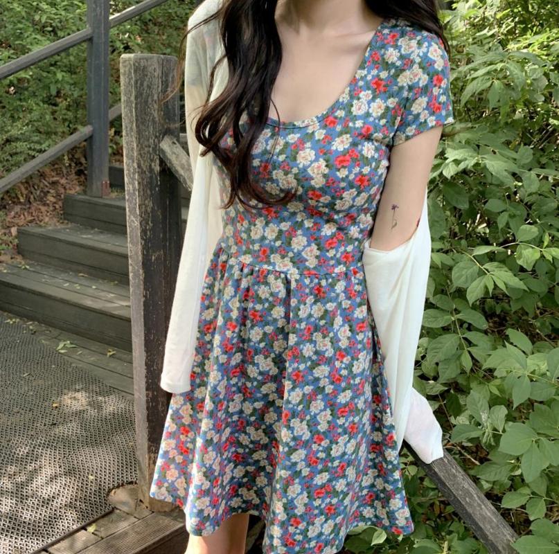 

O-neck Short Sleeve Cotton Floral Dress 2020 Sun A Line Black Mini Blue Cute Vestido Boho Beach Vintage Ropa Mujer Verano Elbise, Khaki