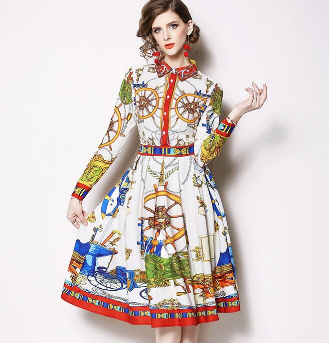 

New listing lapel Collar Flora Printed dresses Long Sleeve Celebrity fashion temperament Street Style Dresses skirt, As the picture