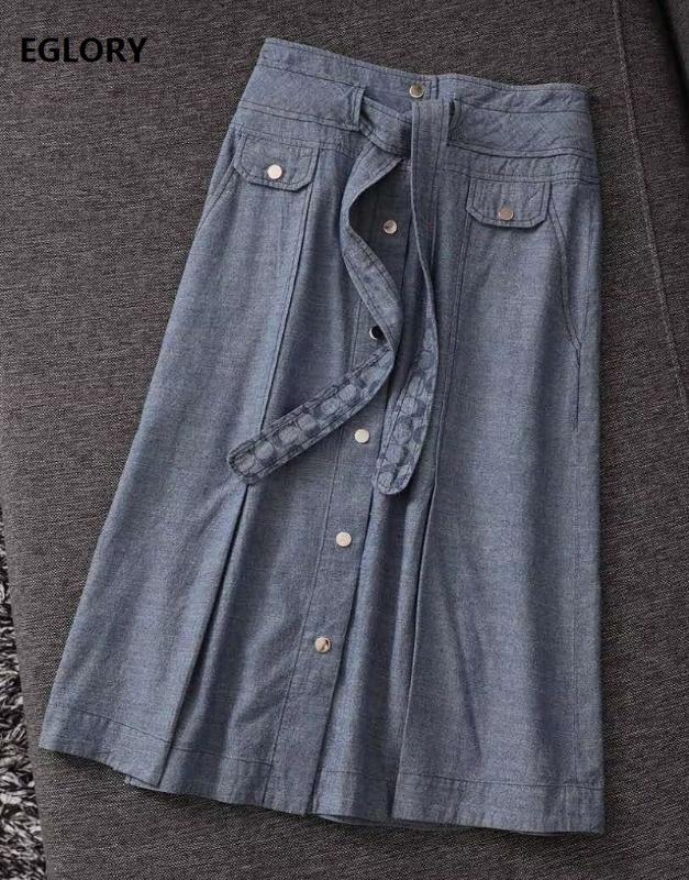 

2020 Summer Fashion Denim Skirts Women Studs Button Belt Deco Mid-Calf Length Big Swing Casual Jeans Skirt Ladies Basic Skirts, As pic