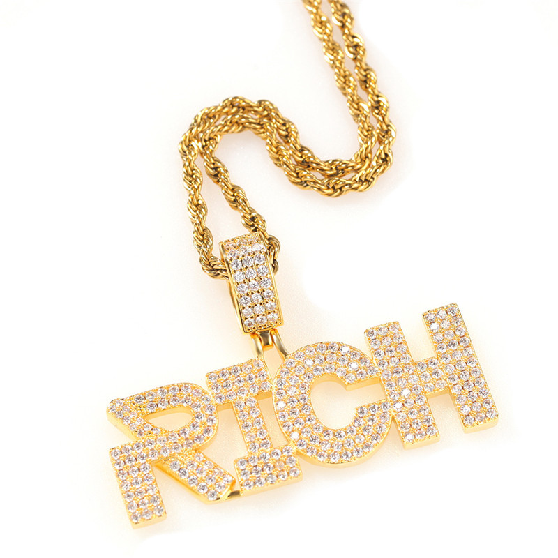 

Iced Out Diamond Letter RICH Pendant Necklace with 4mm Tennis Chain Full Zircon Mens Hip Hop Jewelry Gift