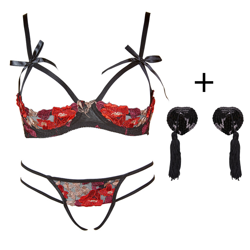 

Intimates Women Sexy Underwear Velvet Embroidery High Quality Suede Dew Push Up Half Bra Bralette Thong Lingerie Set