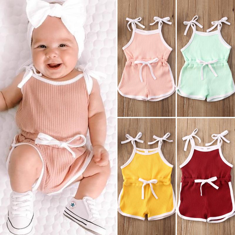 

Summer Newborn Baby Girls Boys Cotton Clothes Rompers Jumpsuit Cute Lace Up Striped Casual Toddler Sleeveless Outfits, Green