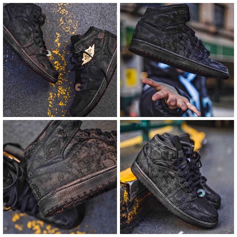

CLOT x 1 Mid Fearless Edison Chen Basketball black silk double ribbed version Retro Mens running Shoes Sport Sneakers CU2804-100