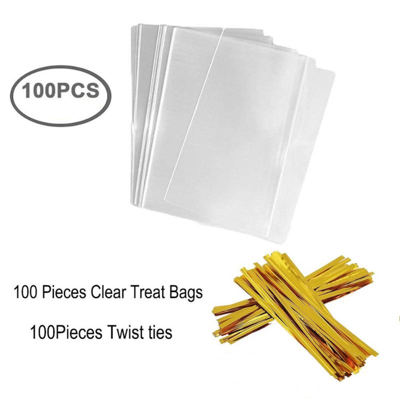

100 Treat Bags 7x10cm with 100 Twist Ties 10cm OPP Plastic Bags for Lollipop Candy Cake Chocolate Cookie Wrapping Buffet