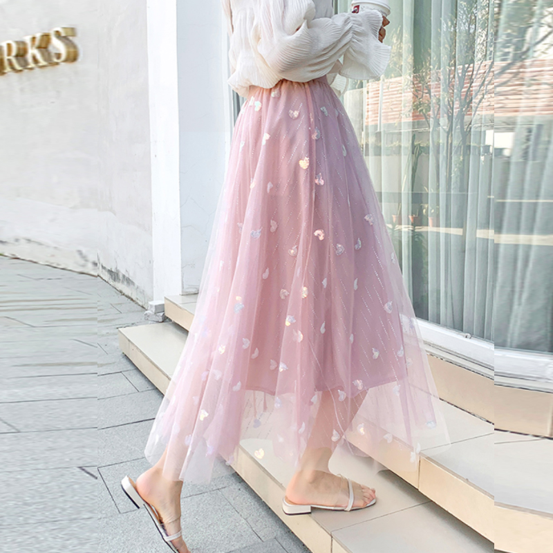 

Spring Hearts Sequins Long Gauze Skirt Candy Metallic Dots A-line Pleated Ankle Long Tulle Skirts Pink Ivory