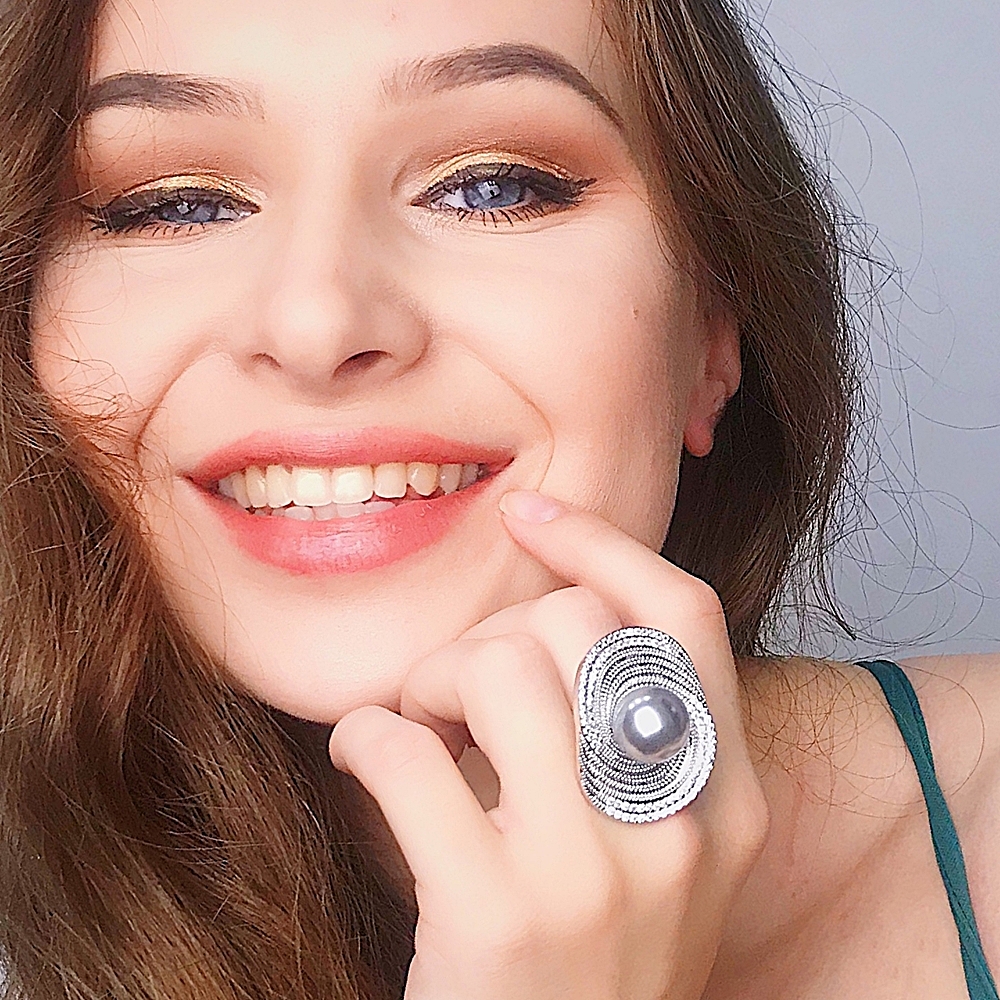 

Big Grey Pearl Ring for women Ladies Luxury jewelry Flower Lotus leaf Fashion crystal large ring Best gift for Mom