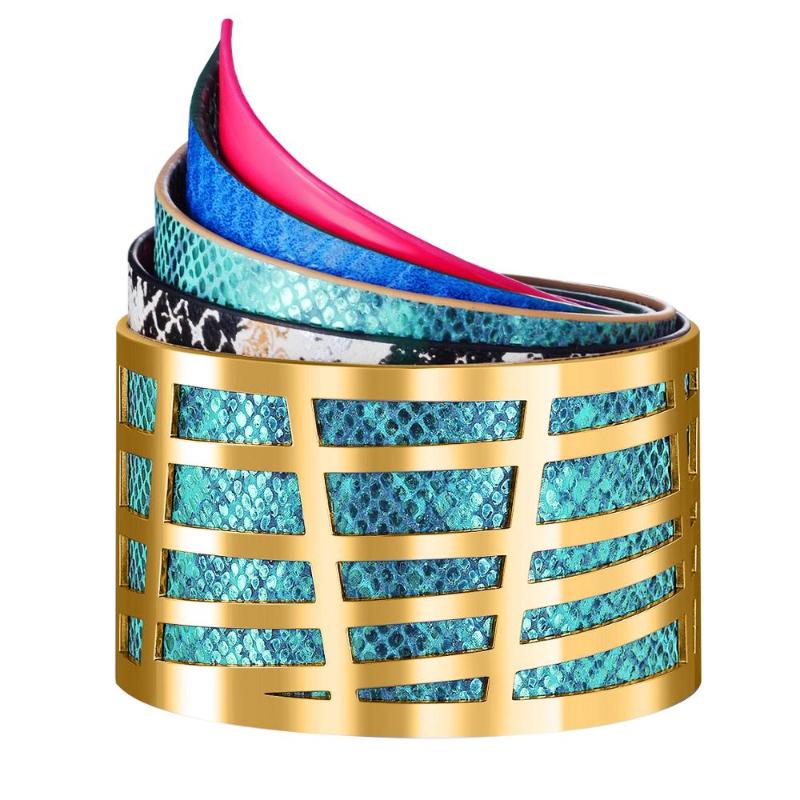

Colorful Stainless Steel Hollow Cuff With PU Leather&Magnet Button Interchangeable DIY Georgettes Bracelet Women Gift SL-169