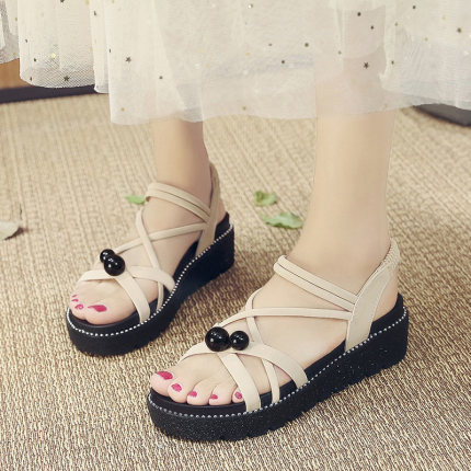 

Thick bottom sandals female fairy wind 2020 new summer straps increase flat bottom students wild Roman shoes ins tide, Beige