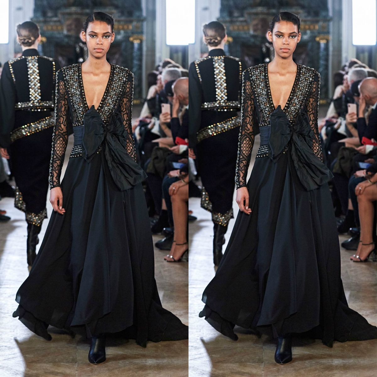 

Elie Saab Evening Dresses Crystal Deep V Neck A Line Lace Appliques Long Sleeve Prom Dress 2020 Arabic Vestidos De Novia Sparkly Gowns, Dark red