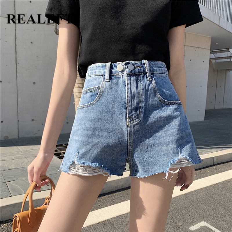 

REALEFT 2020 New Spring Summer Casual Hot Denim Short Pants Button High Waist Korean Style Wide Leg Jeans Chic Pants Female, Blue