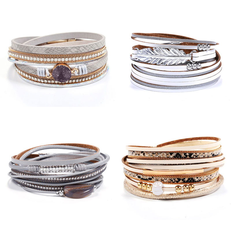 

Fashion Multilayer Wrap Feather Bracelets Rhinestone Slake Deluxe Leather Charm with Sparkling Crystal Wristband Women Christmas Gifts