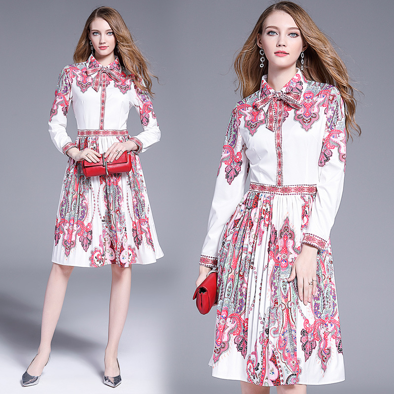 

Dropshipping Spring Summer Fall Runway Floral Print Collar Button Front Long Sleeve Empire Waist Women Ladies Party Casual Pleated Knee-Length Dress, Multi