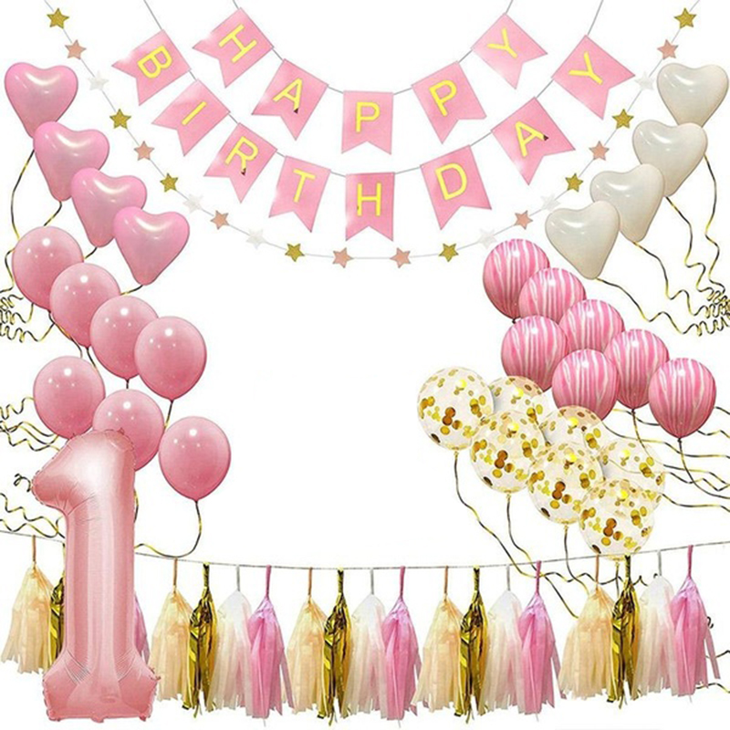 

Baby Anniversary Balloons Birthday Banner Happy First Birthday Party Decoration Set Birthday Hat Banner Flag Topper Balloons Kit