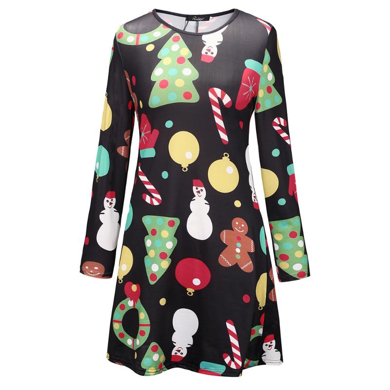 

boho women dress womens clothing 2020 fashion ladies cartoon snowman printed Christmas long sleeve female dresses, Black