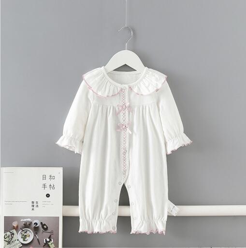 

INS Baby Girls clothes Romper 100% cotton Ruffles Collar Bow White Romper Spring Fall Boutique rompers 0-2T, As picture
