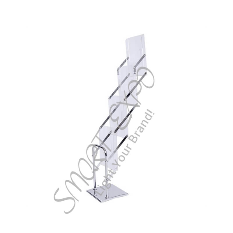 

Portable Acrylic Brochure Holder Pop Up Magazine Rack with Folding Acrylic Structure Shiny Steel Base Portable Carry Bag