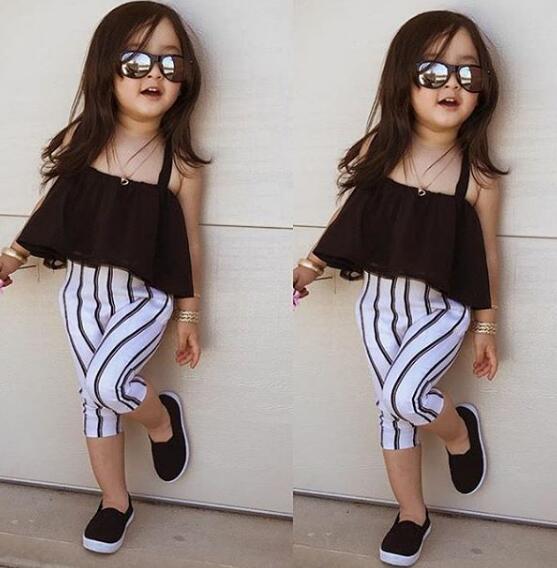 

1-6Y Cute Girls Summer Clothing Kid Strap Tops+Striped Pants Leggings 2pcs Outfits Kids Fashion Clothes toddler girl clothes, Black