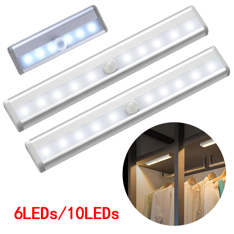 

6/10 LEDs PIR LED Motion Sensor Light Cupboard Wardrobe Bed Lamp Battery Powered LED Under Cabinet Night Light For Closet Stairs Kitchen