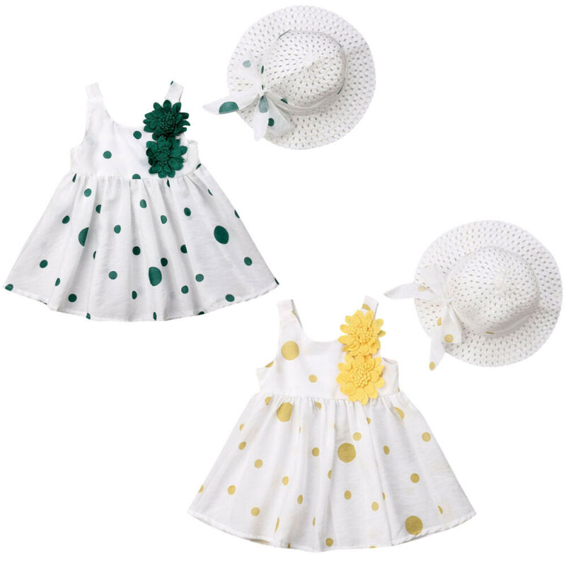 

Summer Toddler Girls Flower Sleeveless Party Dresses Princess Tutu Dress+Sunhat Outfits Sundress, Green