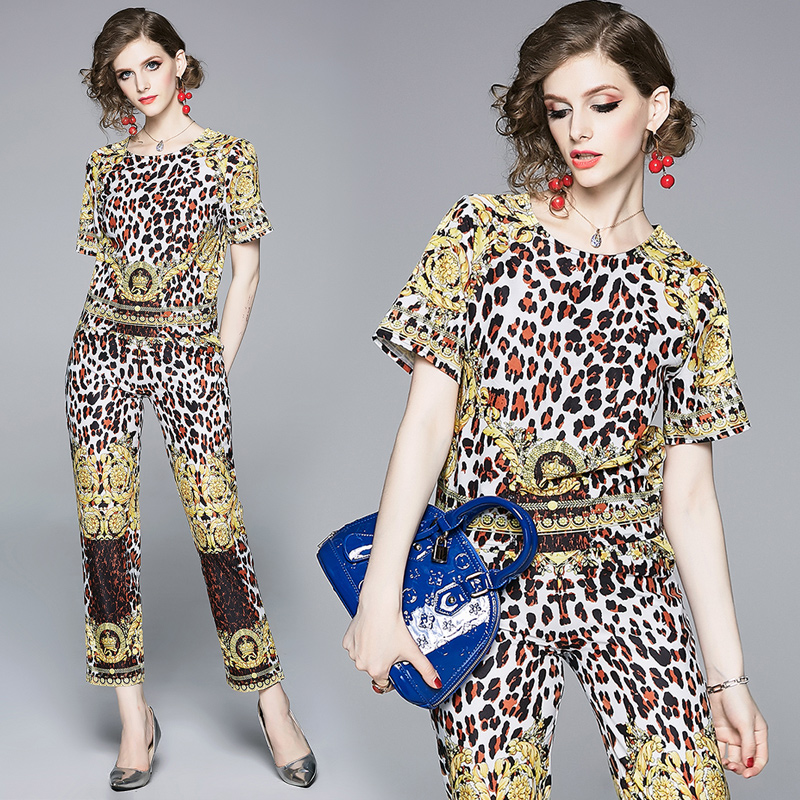 

Luxury Fashion Leopard Two Piece Sets Plus Size Women's Short Sleeve Printed Shirts + Long Pants 2 pcs Ladies Runway Designer Two Pcs Pants, Customize
