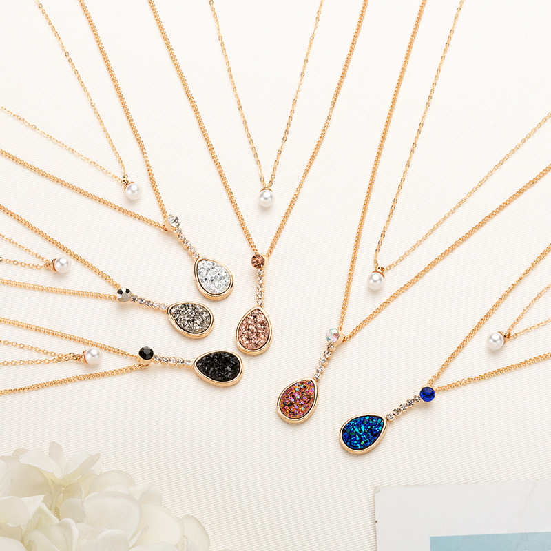 Luxury Design Handmade Womens Jewelry Black/Rainbow/White Natural Stone Drop Shape Pendant Metal Chain Necklace-image-440418216