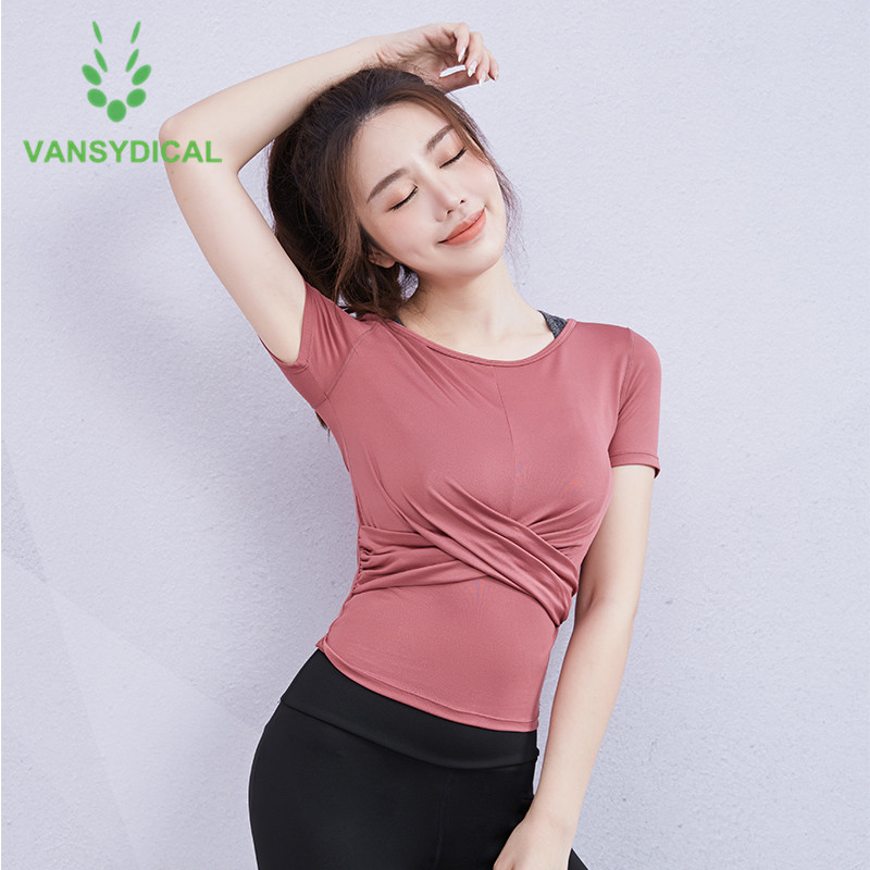 

Vansydical Sports Yoga Shirts Tops Women Slim Gym Short Sleeve Cross Folding Quick Dry Summer Fitness Workout Running T-shirts, Fbk20154