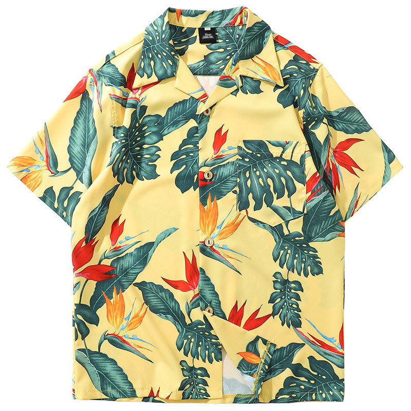 

Januarysnow Hip Hop Shirt Retro Vintage Streetwear Men Hawaiian Shirts Leaf Print Harajuku Fashion Summer Beach Shirt Tops Short Sleeve, Yellow