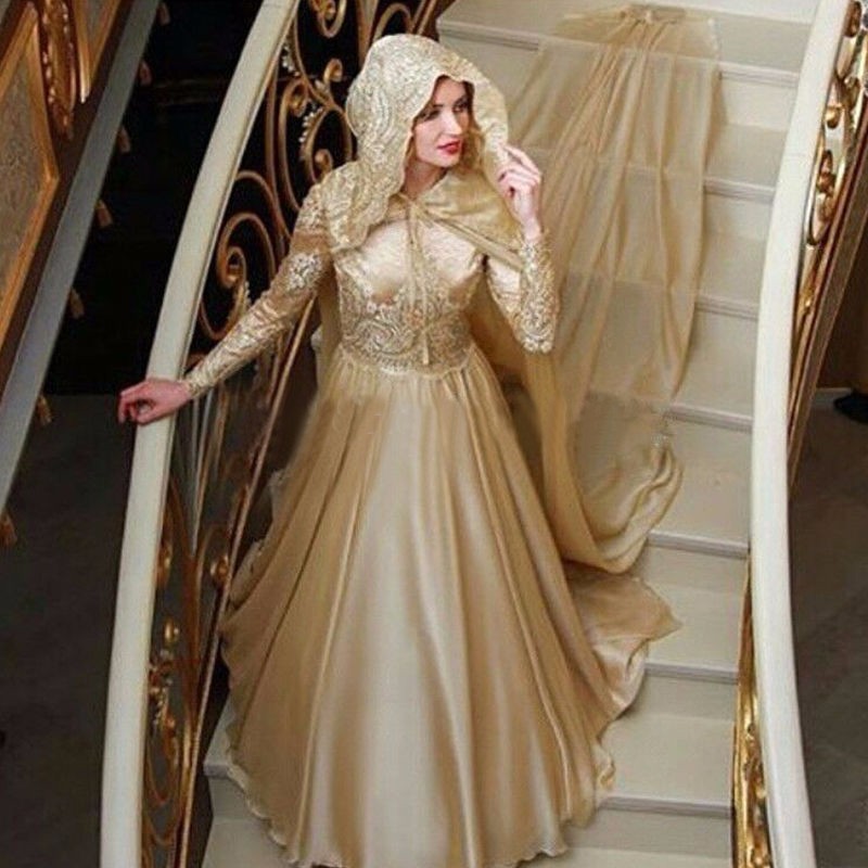 

Gold Muslim Long Sleeves Evening Dresses Lace Appliqued High Neck Sequined Prom Gowns With Hooded Cape Sweep Train Dubai Formal Dress, Hunter