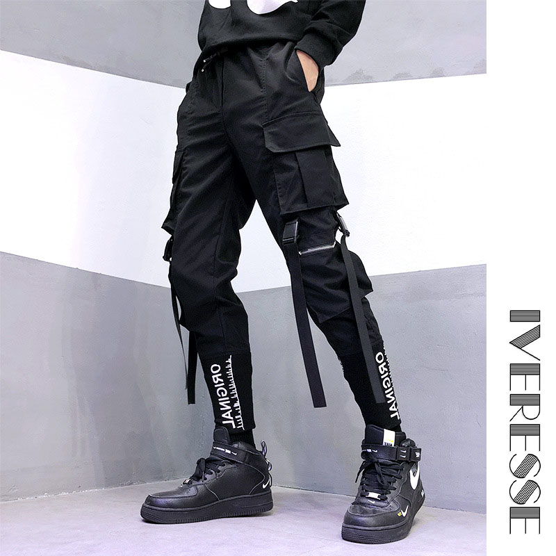 Black Letter Embroidery Streetwear Gothic Cargo Ribbons Joggers Pencil Pants Men's Hip Hop Sweatpants Men Harem Casual Trousers