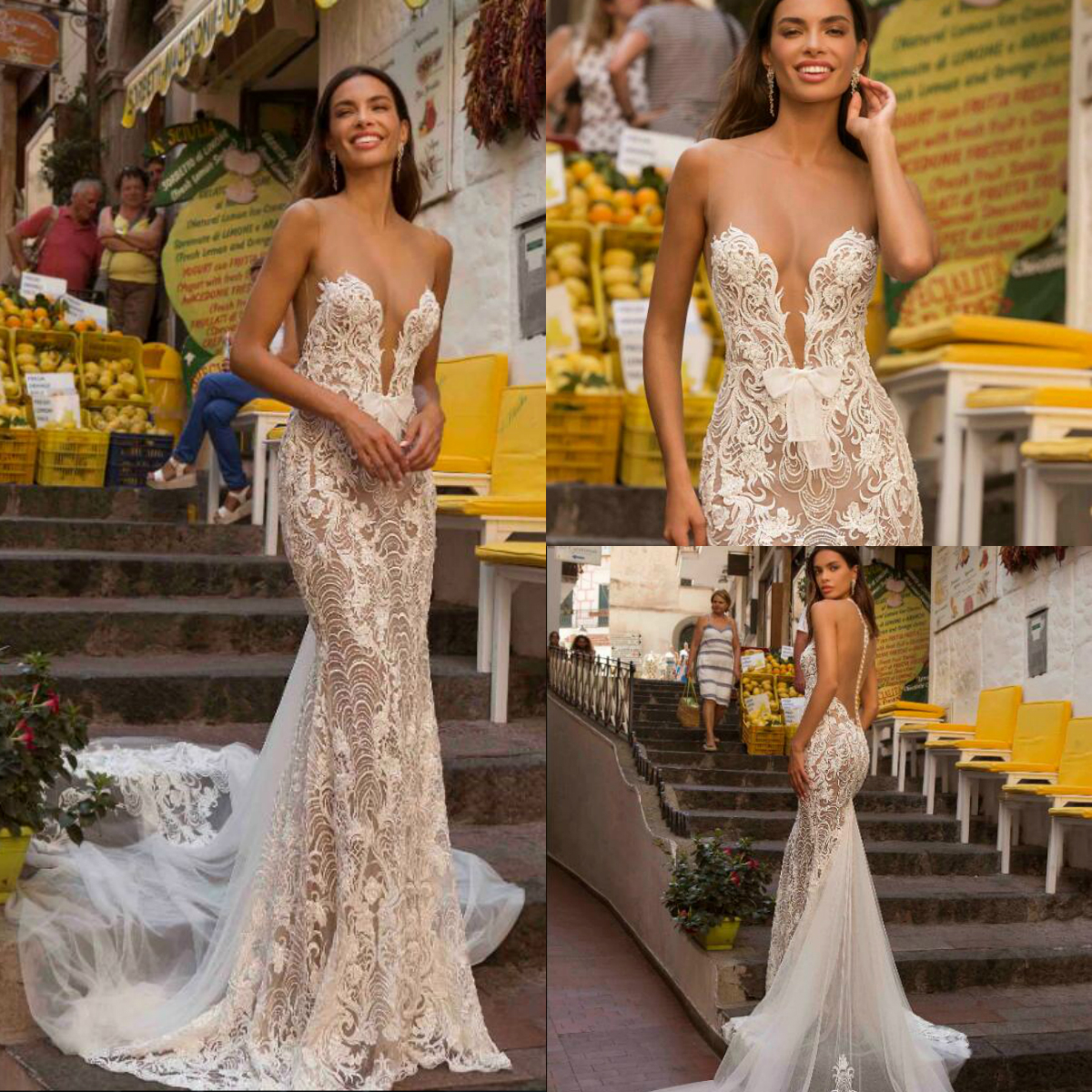 

2020 Berta Mermaid Wedding Dresses Lace Appliques Sheer Jewel Neck Sexy Backless Wedding Dress Bridal Gowns Sweep Train Robes De Mariée, Light sky blue