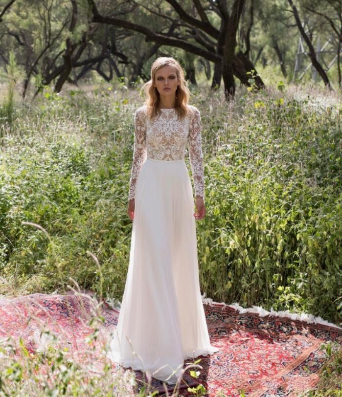 

New Long Sleeve Beach Wedding Dresses Backless Illusion Lace Bohemian Forest Country Wedding Bridal Gown robe de soiree, White