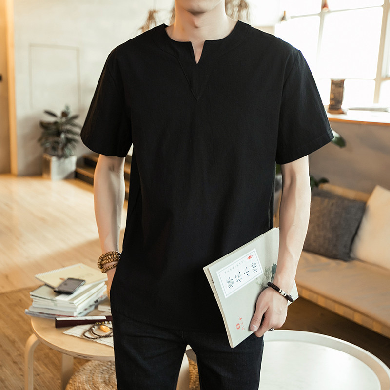 

Men's Summer Cotton Linen Blouses Baggy Beach Holiday Tops Solid Casual Loose Short Sleeves V-Neck Shirts Tops Plus Size -8XL, Red