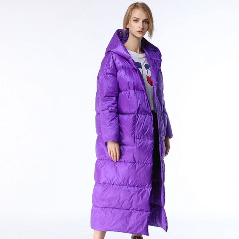

Long Knee Purple Down Jacket Fashion Hooded Parka 2018 Winter Jacket Women Plus size feather Overcoat doudoune femme hiver ls182, Black
