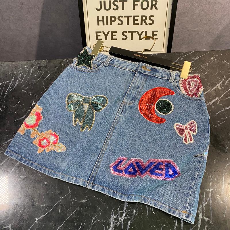 

2020 new sequin moon star patch star A-line denim skirt tide 0502, Blue