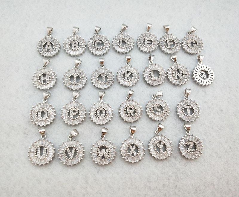 

Silver Color Round Micro Pave Crystal Cubic Zirconia 26 Letter Pendants Charms DIY Necklace Jewelry for woman PD900