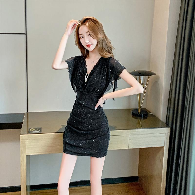 

Party Dress Women Sexy Style New Women' Clothing Bandage Dresses V-neck Sexy Summer Fashion Vestidos Elastic Stretch Robe Femme, Bk