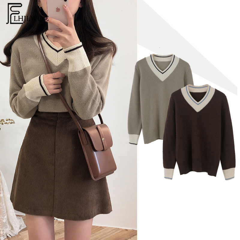 

Winter Pullovers Sweaters Hot Sales Womenn Fashion Long Sleeve Casual V Neck Knitted Top Blue Brown Cute Preppy Style Sweater, White skirt