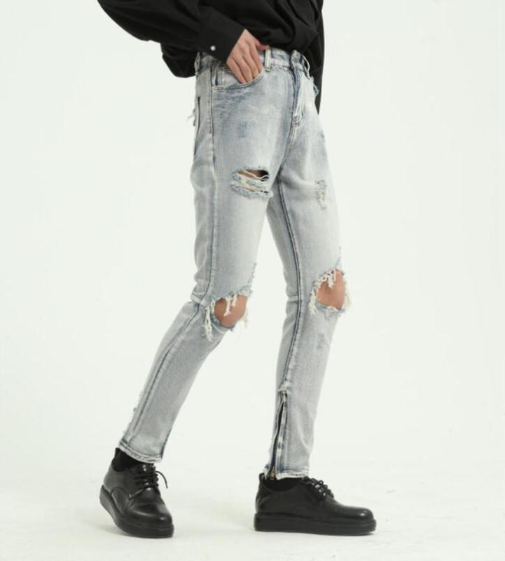 

High street jeans men 2020 Hole Slim denim pants uomo Man Pencil pants ripped trousers modis jean homme streetwear w862, Blue