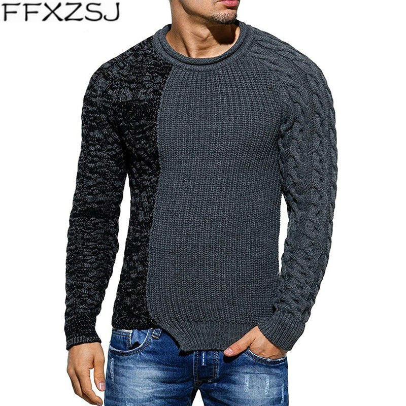 

FFXZSJ Brand 2019 New Men's Slim Fit Sweaters Pullover Male High Street Knitted Sweater Tops Patchwork O-Neck Knitwear Pullovers, As pic
