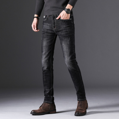

Brand Jeans Men Dark Color Soft Denim Pants Stretch Straight Slim Fit Men Jeans High Quality Cotton Ripped, Beige