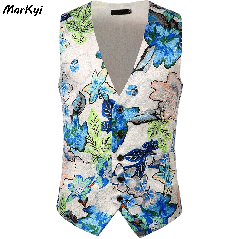 

MarKyi Design Floral Print Vest Men Suit Gilet Homme Wedding Slim Fit Dress Vests For Men Waistcoats, Green